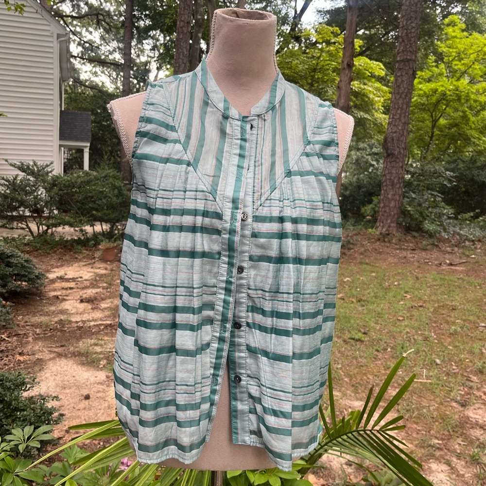 Current Air Anthropologie Boho Stripe Linen Blouse, Sleeveless, Green, EUC